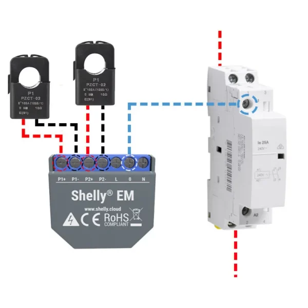Shelly - Contador de energía monofásico WIFI Shelly EM (+ 2 pinzas de 50A)