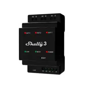 Shelly Pro 3 es un relé de 3 canales contacto secos Wi-Fi, LAN y Bluetooth, ideal para automatización en entornos domésticos o empresariales.