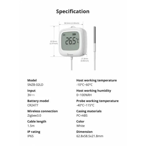 Sonoff - Sensor de temperatura Zigbee con pantalla y cable remoto IP65 SNZB-02LD - Imagen 9